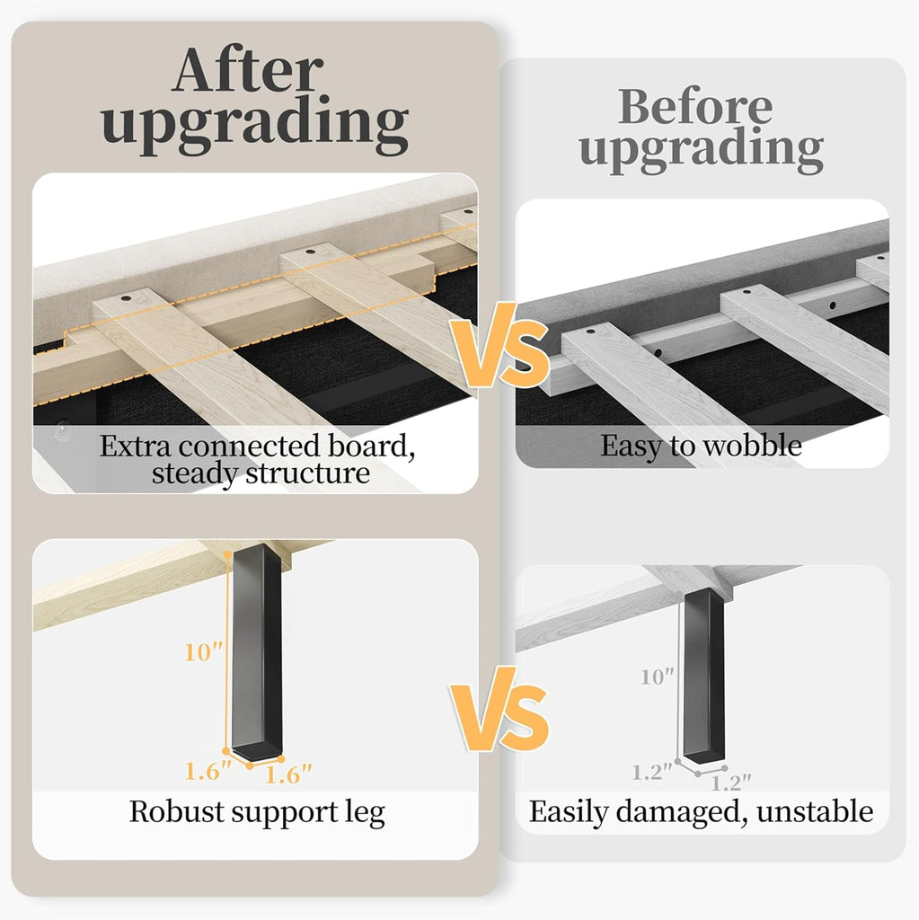Queen Bed Frame Upholstered Platform Bed with Wing Side/Wooden Slat Support/Tufted Headboard with Wing Side/Mattress