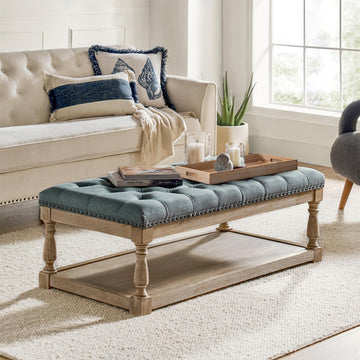 Storage Tufted Ottoman Coffee Table with Solid Wood Legs, Blue