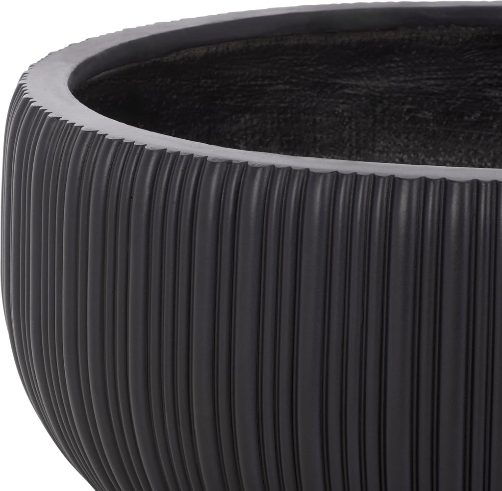 Outdoor Patio Furniture Collection - Anita Black Planter Pot Set of 3, Fiber Clay Decorative Planters, Ribbed Bowl