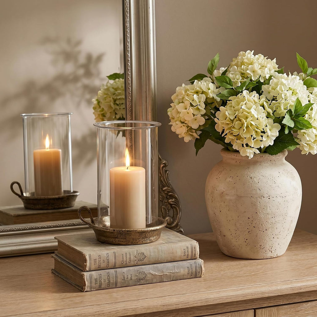Rustic Pillar Candle Holder with Glass Hurricane Shade, Vintage Brass Cast Iron Candle Holder for 3 Inch Pillar