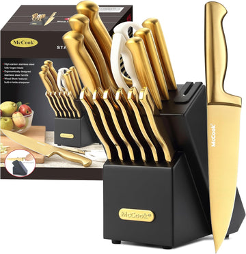 Knife Sets, Golden Titanium Stainless Steel Kitchen Knife Block Sets with Built-in Sharpener, 15 Piece Knives