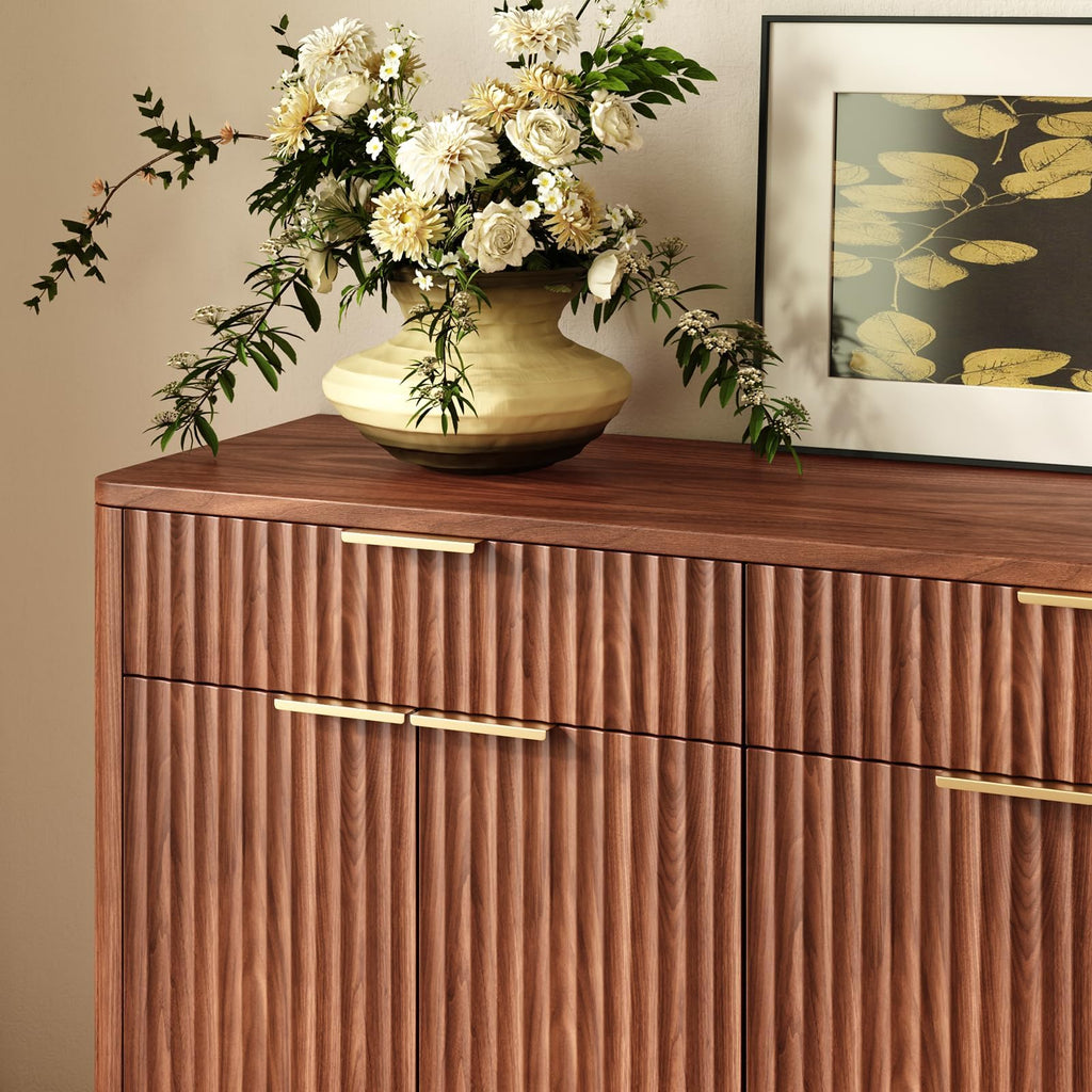 67" Fluted Walnut Sideboard Buffet Cabinet with 3 Drawers