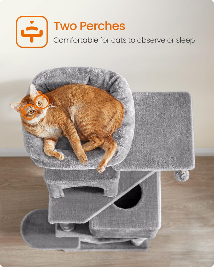 Cat Tree, 59.5-Inch Tall Cat Tower, Plush Multi-Level Condo with 5 Scratching Posts, 2 Perches, 2 Caves, Hammock