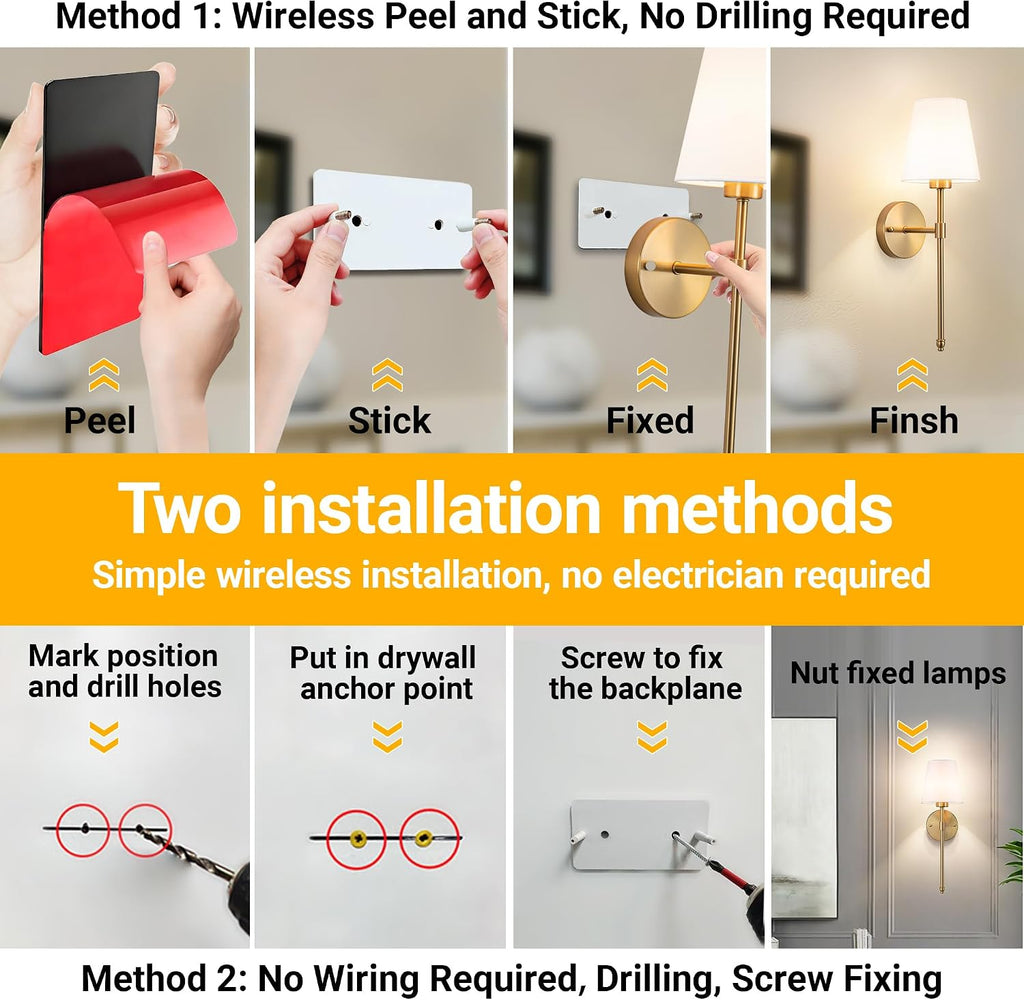 Peel and Stick Wall Sconces, Stick On Wall Sconce Set of 2, Battery Operated Wireless Wall Light, No Drill Adhesive