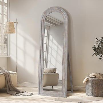 Arched Full Length Mirror with Solid Wood Frame, 64"x21" Rustic Farmhouse Floor Mirror with Stand, Free Standing