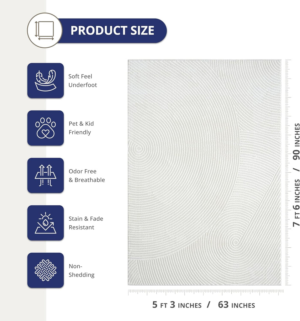Neutral Cream Area Rug 5' x 8' | White Luxury Zen Carpet | Minimalist Ivory Rugs and Dining