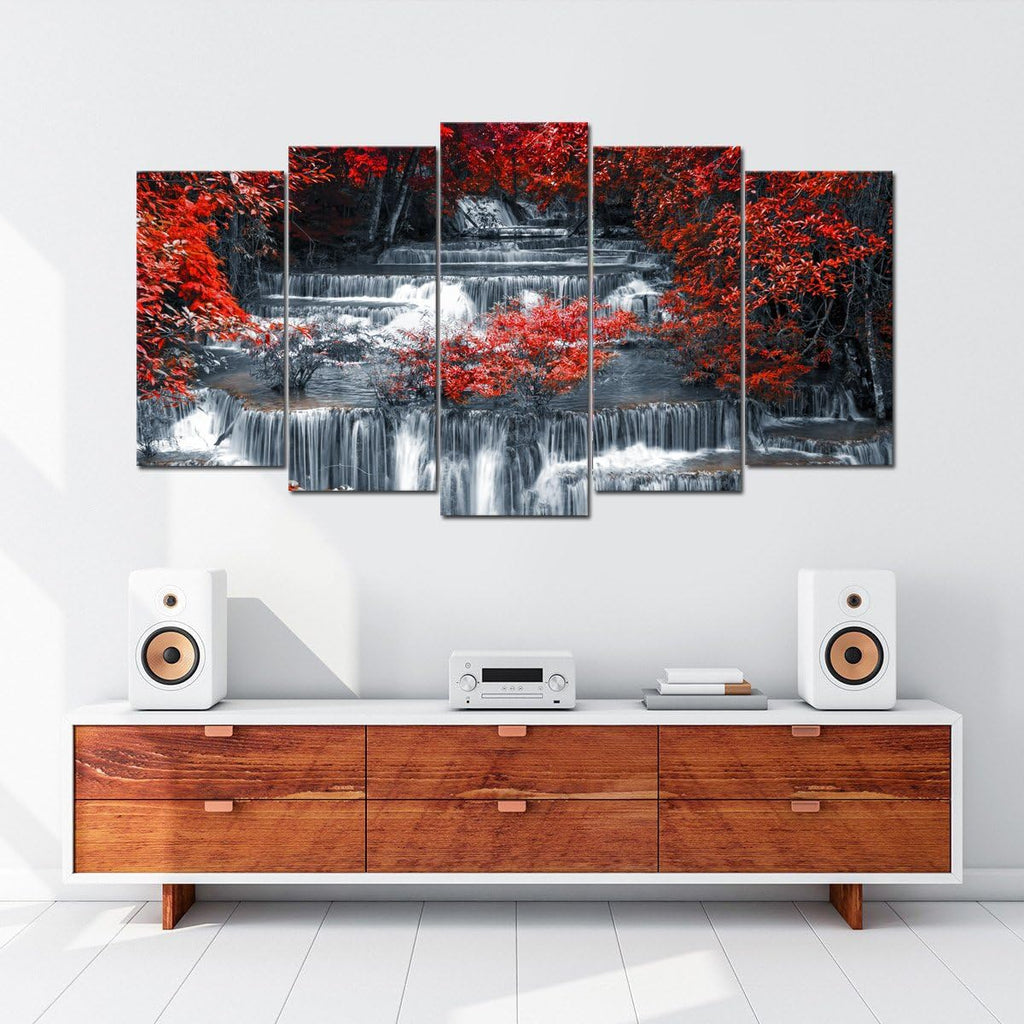 5 Pieces Large Black and Red Canvas Wall Art Waterfall Nature Landscape Picture Print, Living Room Office Decoration