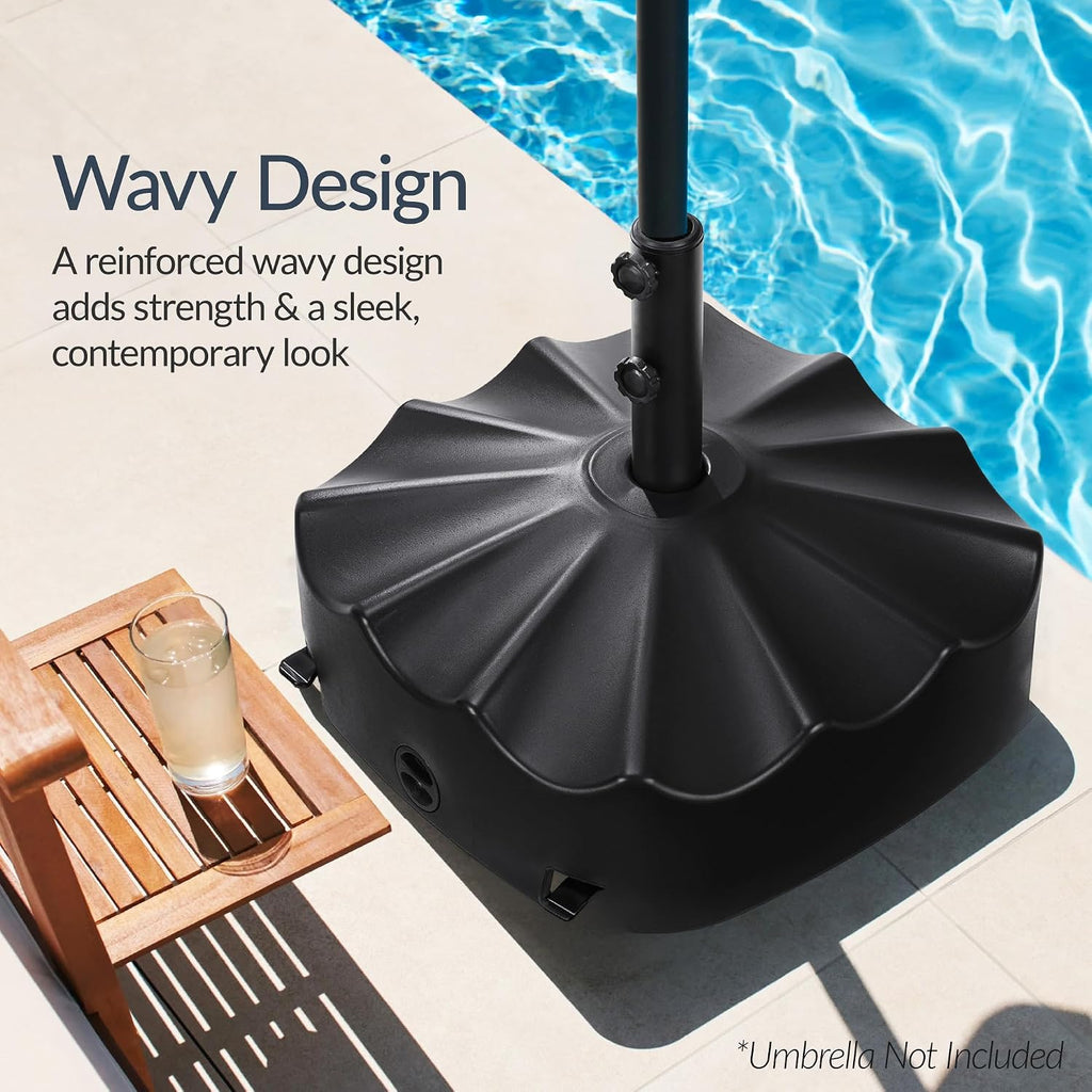 123lb Capacity Fillable Mobile Umbrella Base, Heavy Duty Market Stand Easy to move w/ 4 wheels - Wavy Design - Black