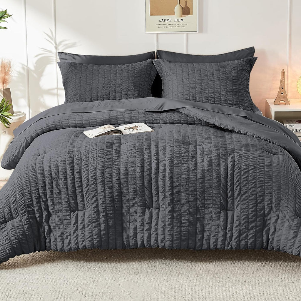 Comforter Sets Seersucker 7 Pieces, All Season Luxury Bed in a Bag, Bedding Set with Comforters, Sheets
