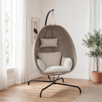 Hanging Egg Chair with Stand Indoor Outdoor, Foldable Outdoor Egg Swing Chair with Cushion, 485LBS Capacity Textilene