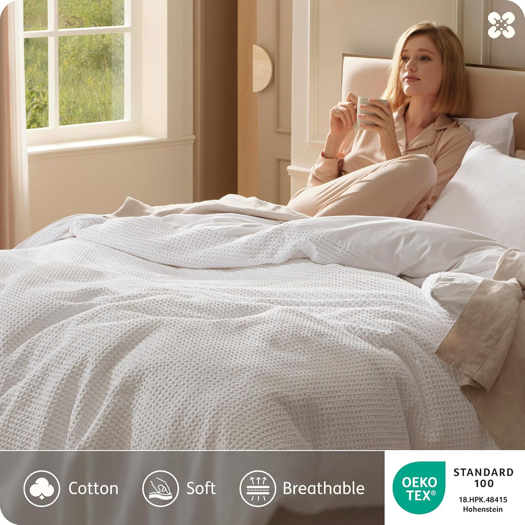 PureWoven 3 Pieces 100% Cotton Waffle Duvet Cover Set, King, Linen - Set of 3