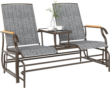 2 Person Outdoor Glider Bench Breathable Mesh Gray | Patio Swing Glider Chair Loveseat, Table, Steel Frame, Garden