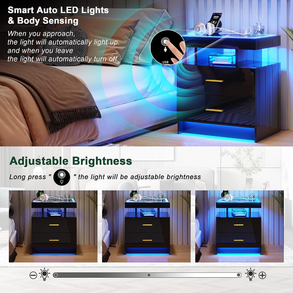 LED Nightstand with Charging Station (USB,Type-C Ports) High Gloss Bedside Table with 2 Drawers, Smart Night Stand