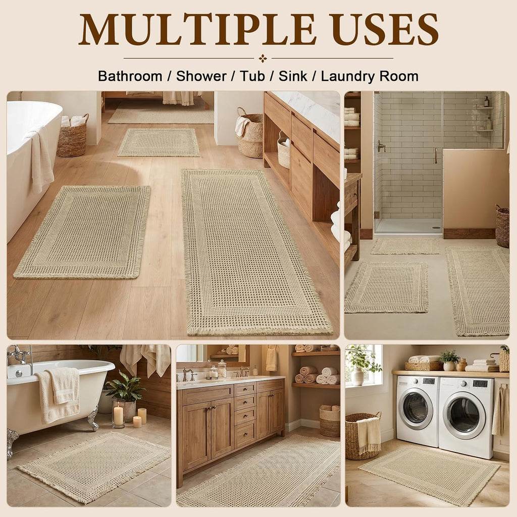 Waffle Bath Mat, Non Slip Bathroom Rugs Mats Set, Super Absorbent Quick Dry Bath Mats , Machine Washable Boho Rugs