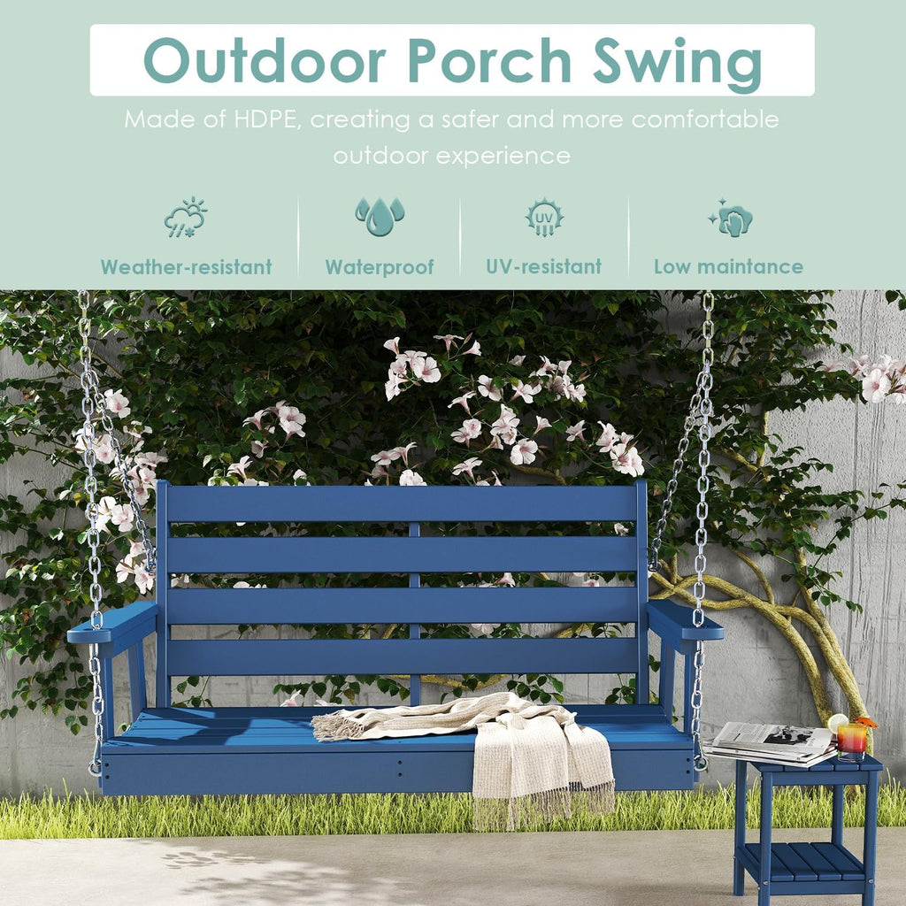Outdoor Porch Swing | HDPE Plastic | 2-Person | Hanging Bench Swings | Weatherproof | 4 Stainless Steel Chains | Blue
