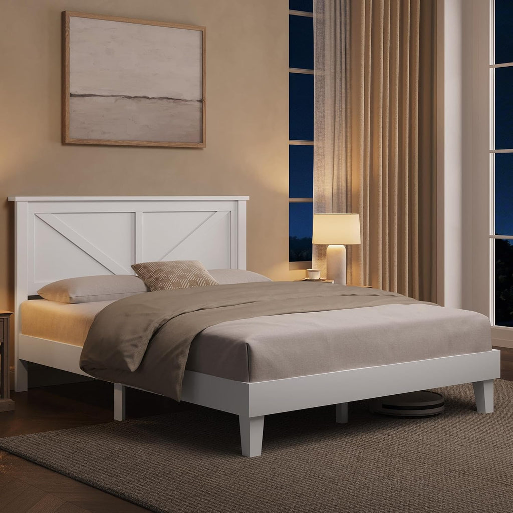 Full Bed Frame Wood Bed Platform with Headboard Solid Slat Support No Box Spring Needed Noise-Free Easy Assembly