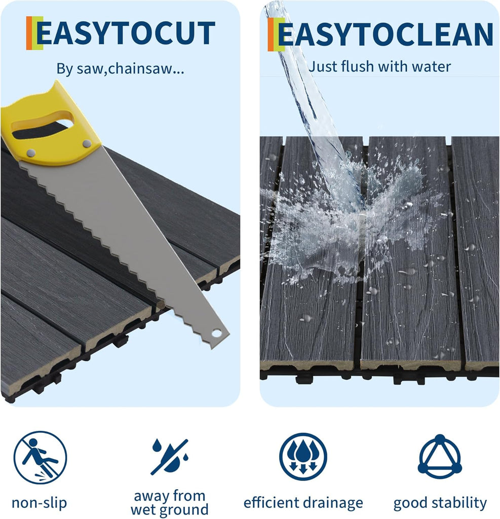 Waterproof Composite Interlocking Deck Tiles 12"X12", All-Weather Wood-Look Snap-Together Flooring for Patio, Balcony