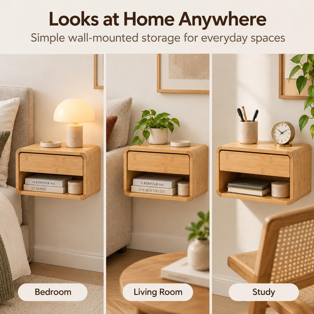 Bamboo Floating Nightstand with Drawer, Wall Mounted Bedside Table, Natural