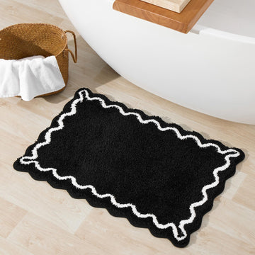 Black Bathroom Rugs with White Scallop Non Slip, Quick Dry Bath Rug Absorbent Soft Plush Microfiber Bathmat Floor