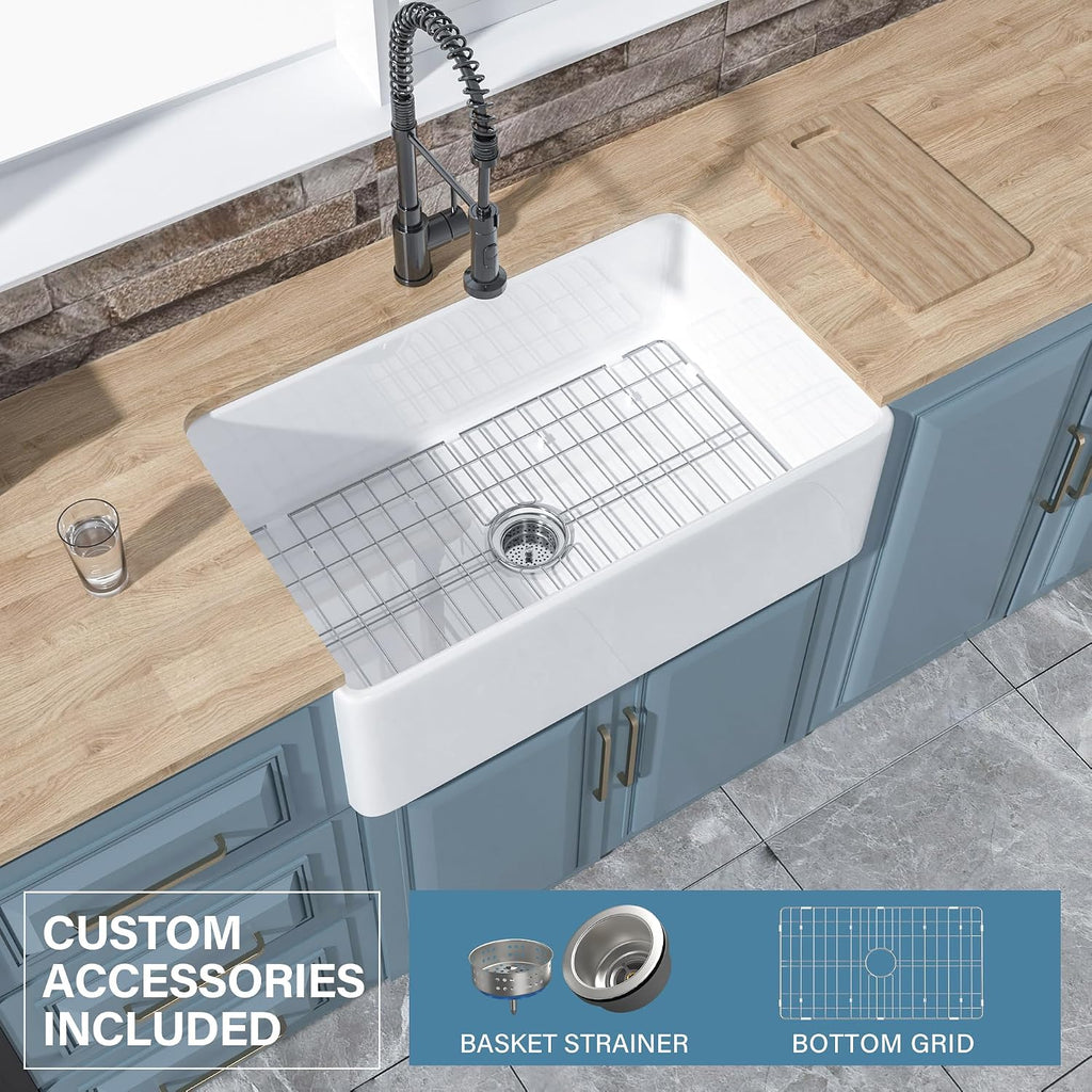 30" x 20" Fireclay Apron Front Farmhouse Sink White | Single bowl farm style, Easy to clean, Resistant to stains