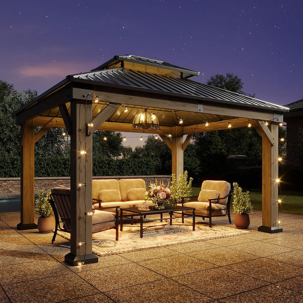 10' x 12' Outdoor Wood Gazebo, Hardtop Gazebo Permanent Wooden Pavilion with Galvanized Steel Double Roof, Cedar Wood