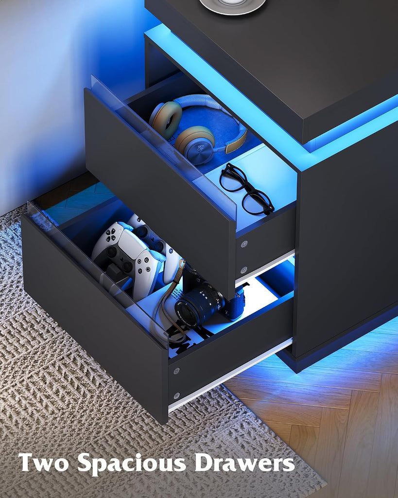 Black LED Nightstand with Charging Station, 26 Inches Night Stand with Sliding Top, 2 Drawers, 29 Colors and