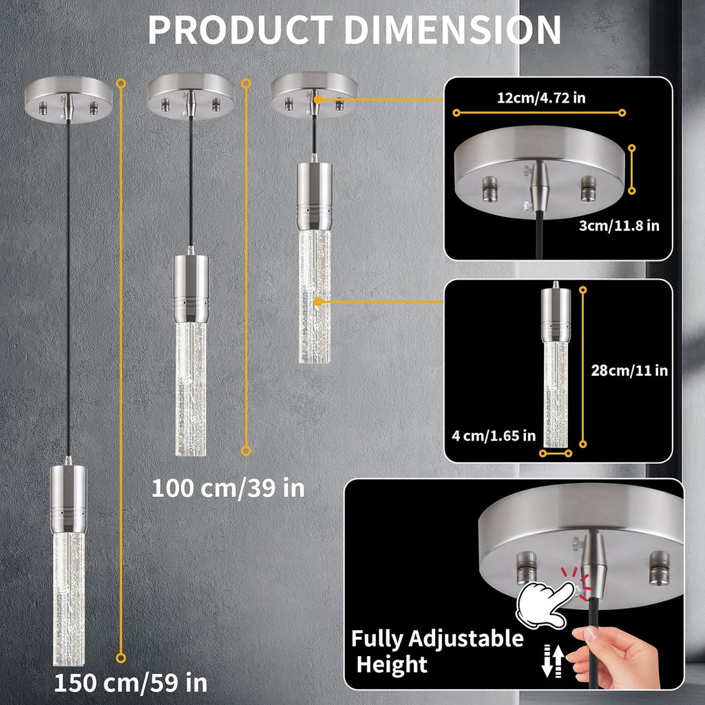 Brushed Nickel Pendant Lights Kitchen Island, Crystal Bubble Pendant Lights, Adjustable Modern Pendant Light Fixtures