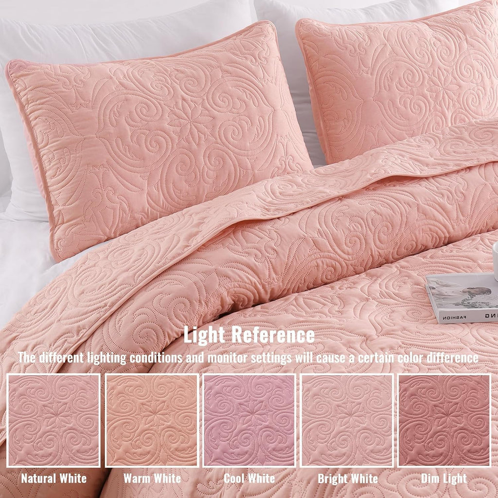 3 Piece King Quilt Bedding Set, Blush Pink