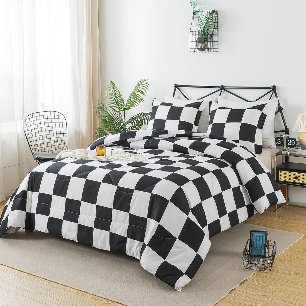 Black and White Checkered Comforter Set, Plaid Checkered Boys Bedding Set for All Seasons, Farmhouse Soft