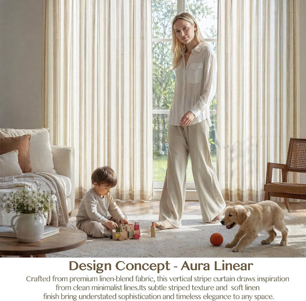 Beige Stripe Pinch Pleated Curtains, Linen Blend Light Filtering Gingham Drapes with Memory Pleats for Living Room Bedroom, 2 Panels