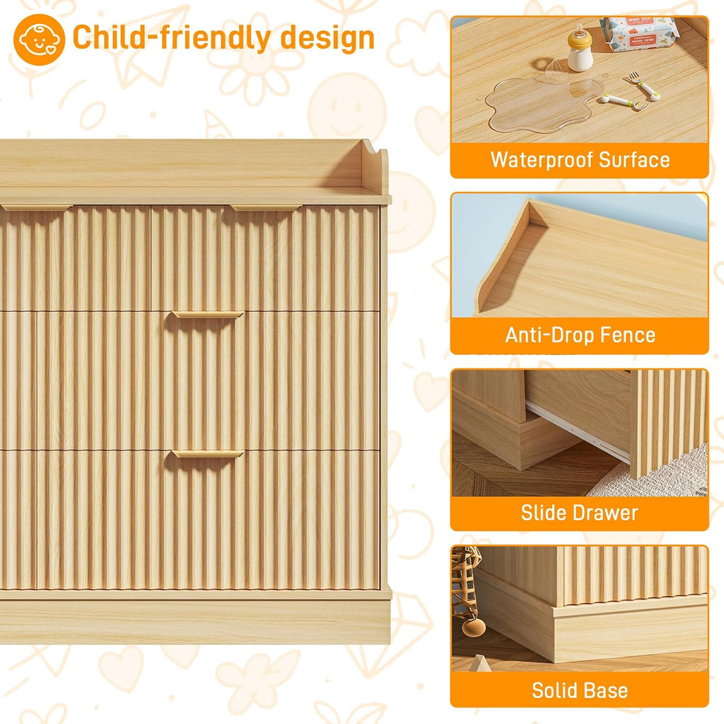 Nursery Dresser, 7 Drawer Wood Baby Dresser, Fluted Chest with Gold Handles, Safe & Spacious Storage Organizer for