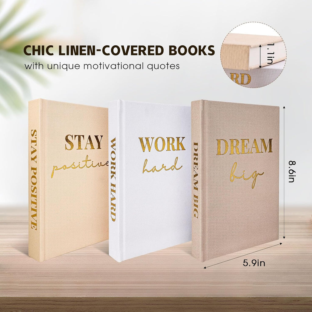 Set of 3 Linen Covered Decorative Books Decor | Gold Foil Stamping Decor Books,Motivational Office decor for Women