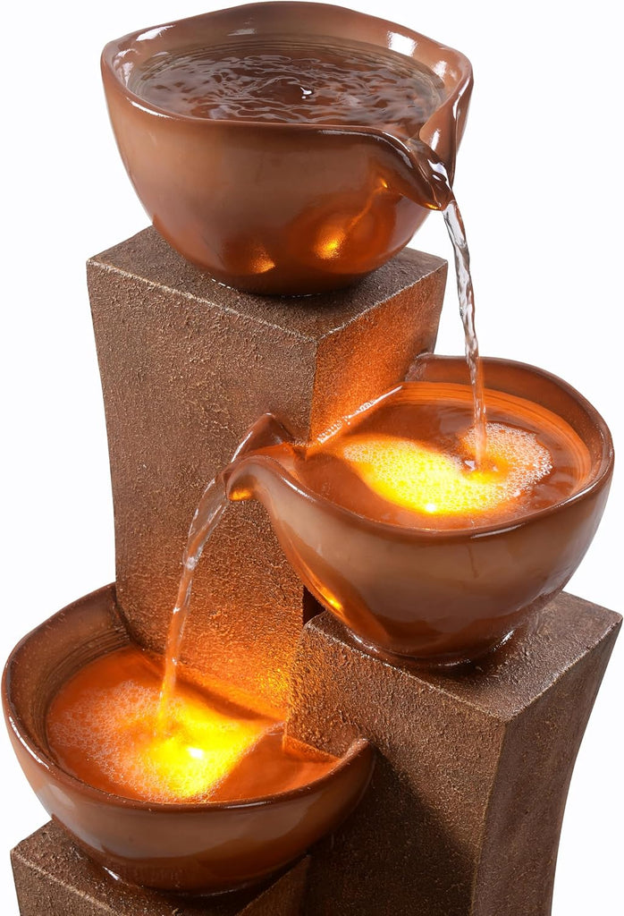 28.54 in. 3-Tier Cascading Outdoor Water Fountain with LED Lights for Gardens, Landscaping, Patios, Balconies, Lawns