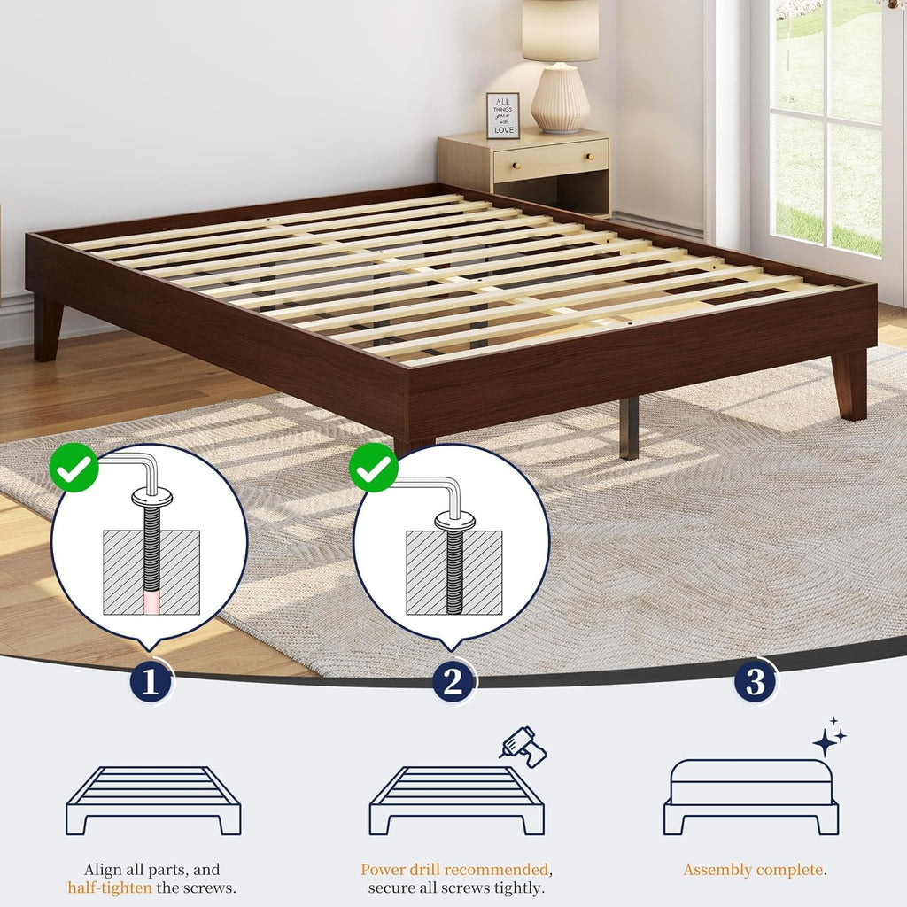 Queen Bed Frame Natural Solid Wood Platform Bed with Wooden Slats Support, 7.3-inch Underbed Space for Storage