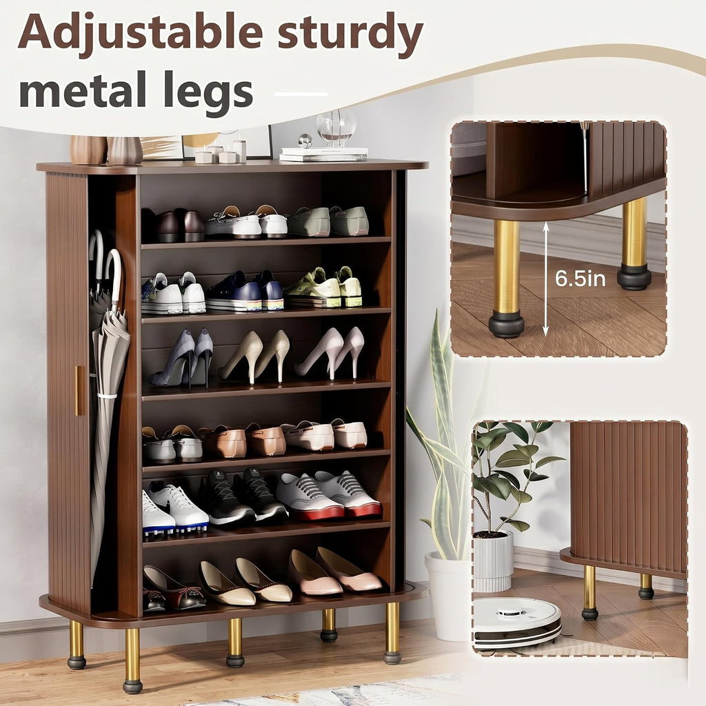 6-Tier 33'' Shoe Cabinet with Sliding Door, Wooden Shoe Storage Cabinet with Adjustable Shelves, Mid-Century Modern
