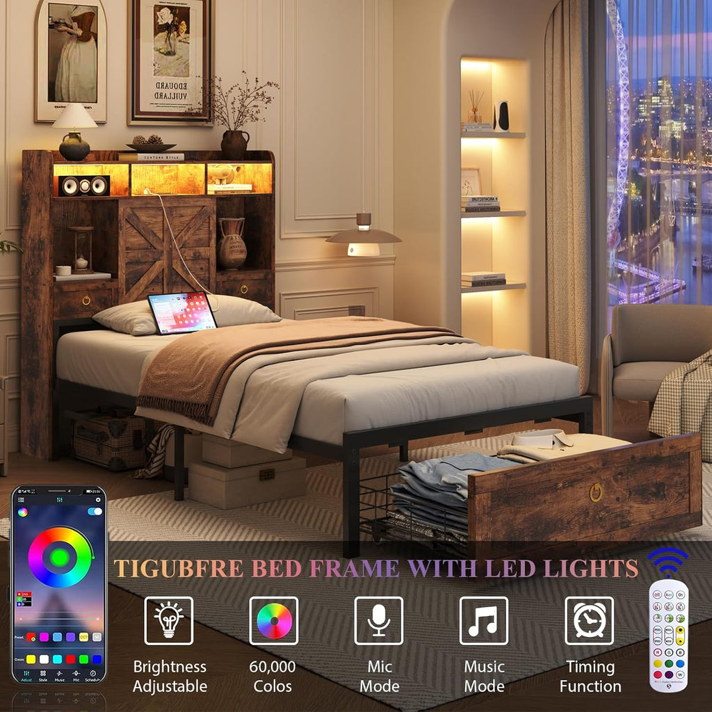 Twin Bed Frame with Storage Headboard and Drawers, Farmhouse Platform Bed Frame with Charging Station & LED Lights