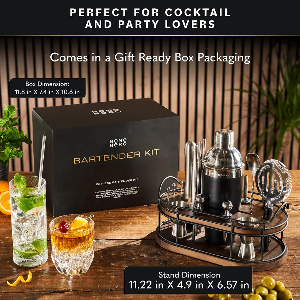 Bartender Kit - 22-Piece Cocktail Shaker & Bar Tool Set - Wooden Stand Display & Bar Cart Accessories - Recipe Book &