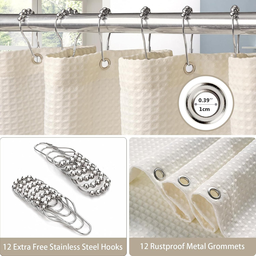 Waffle Weave Shower Curtain with Stainless Steel Hooks - 230 GSM Heavy Duty Fabric Bath Curtains, Hotel Luxury