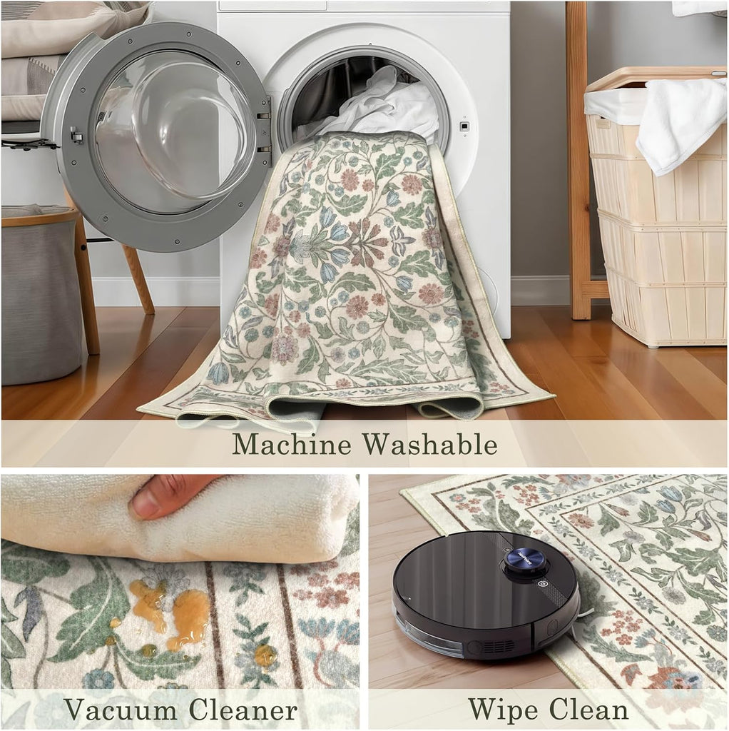 Floral Indoor Entrance 3x5 Area Rug, Washable Vintage Boho Entryway Rugs, Low Pile Non Slip Soft Car