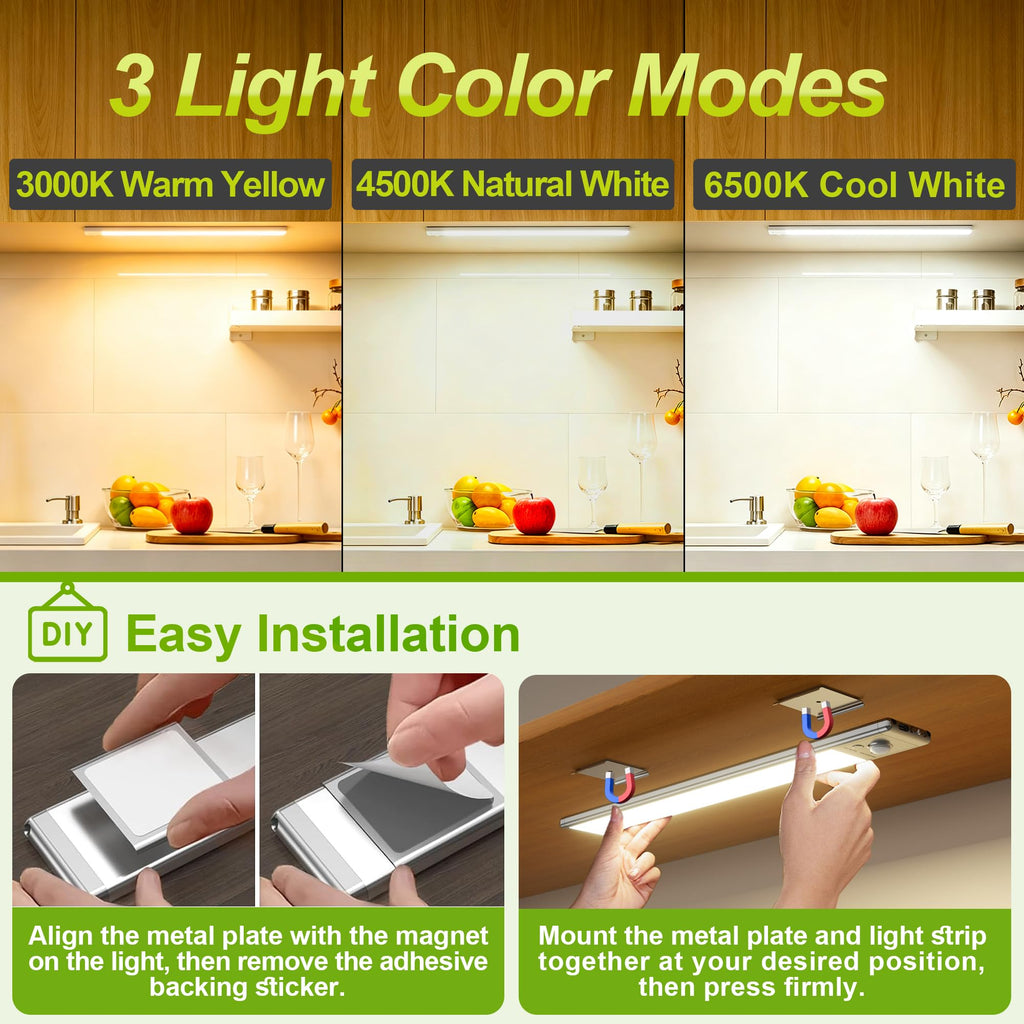 2 Pack Under Cabinet Lighting, 12in Rechargeable Motion Sensor Light Indoor
