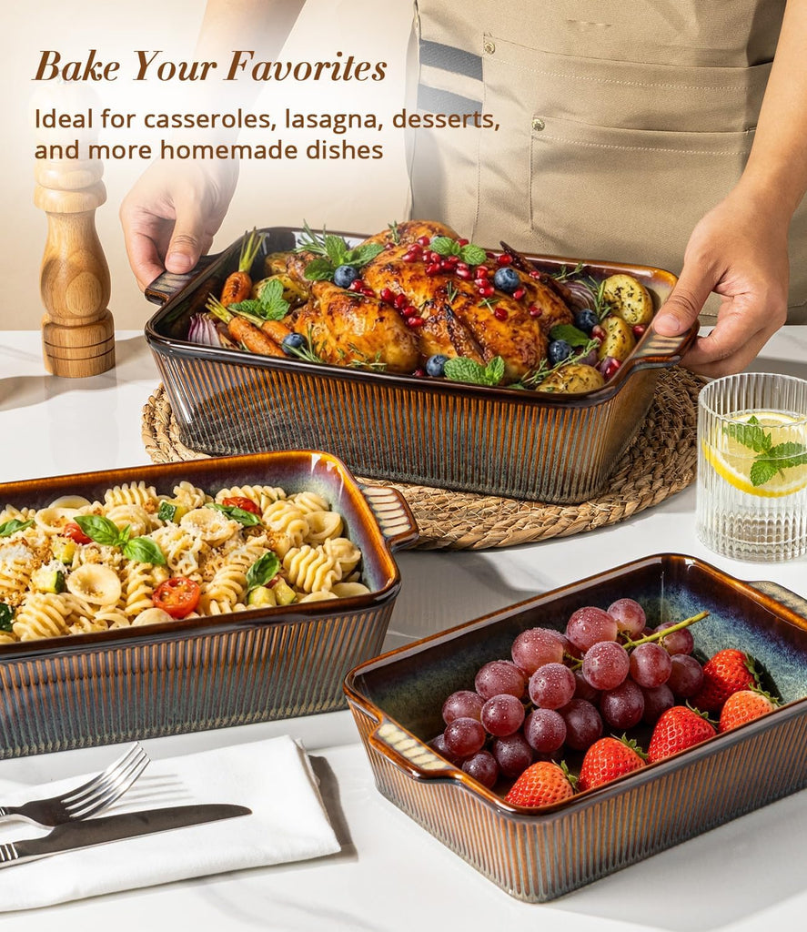 Casserole Dishes for Oven, Ceramic Dish Set of 3 | Deep Rectangular Dishes with Handles, Reactive Glaze Bakeware Set