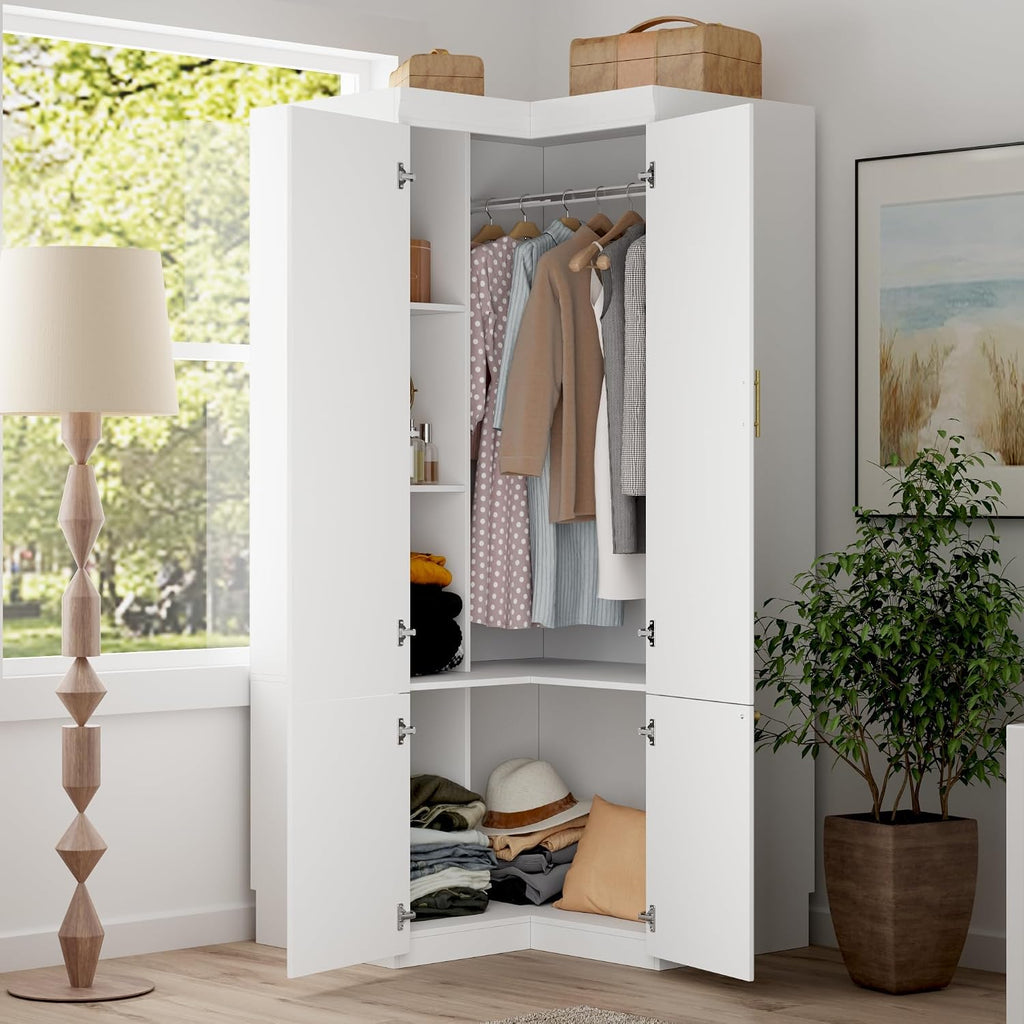 Corner Armoire Wardrobe Closet with Drawers, White Coat Closet with Doors, Modern Tall Wardrobe Corner Cabinet Closet