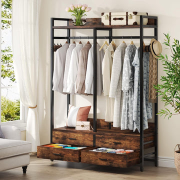 Freestanding Closet Organizer, Garment Rack with 4 Drawers | Heavy Duty Clothing Rack, Open Wardrobe Closet , 8 Hooks