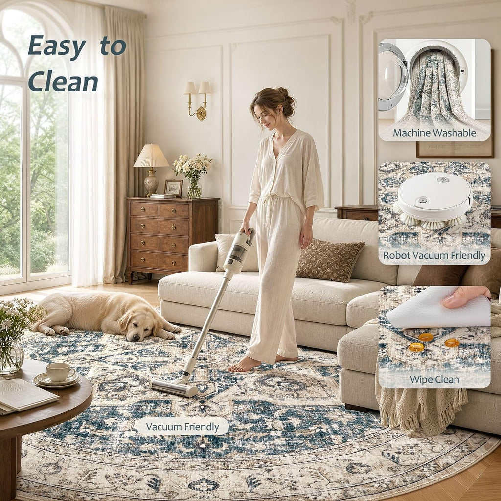 Area Rug 8ft Round Living Room Rug Washable Soft Cream/Blue