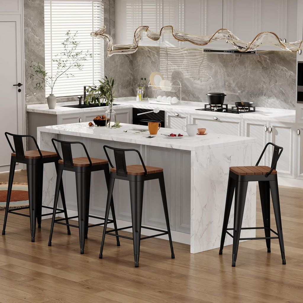 Outdoor Patio Bar Stools Set of 4 with Back,Arlunar Counter Height Industrial Metal Barstools with Removable Back 26"
