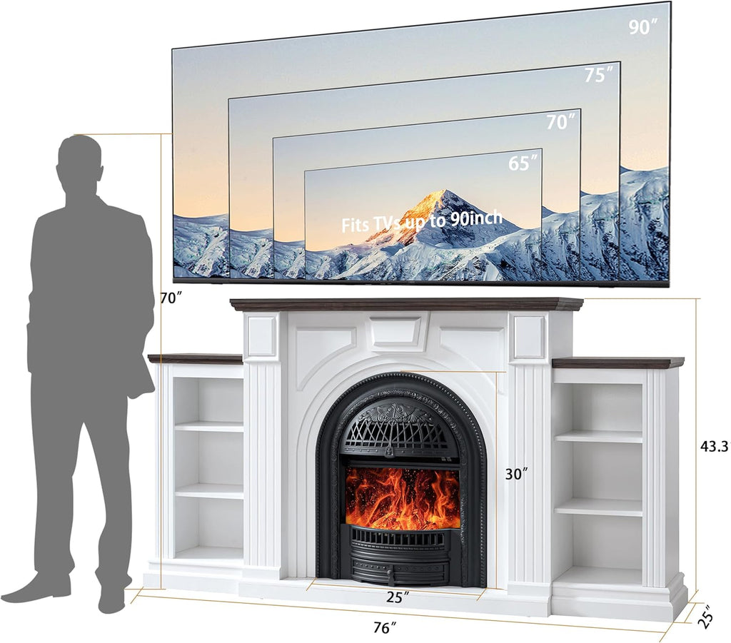 76 Inch Electric Fireplace TV Stand with Mantel, Birdcage-Style Entertainment Center for TVs up to 90 Inches, 30 Inch Insert Heater with 3D Flame, 750W/1400W