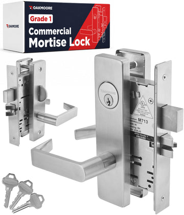 Grade 1 Commercial Mortise Lock Set, F13 Dormitory/Exit Function, Escutcheon Panel Trim, Satin Stainless Steel
