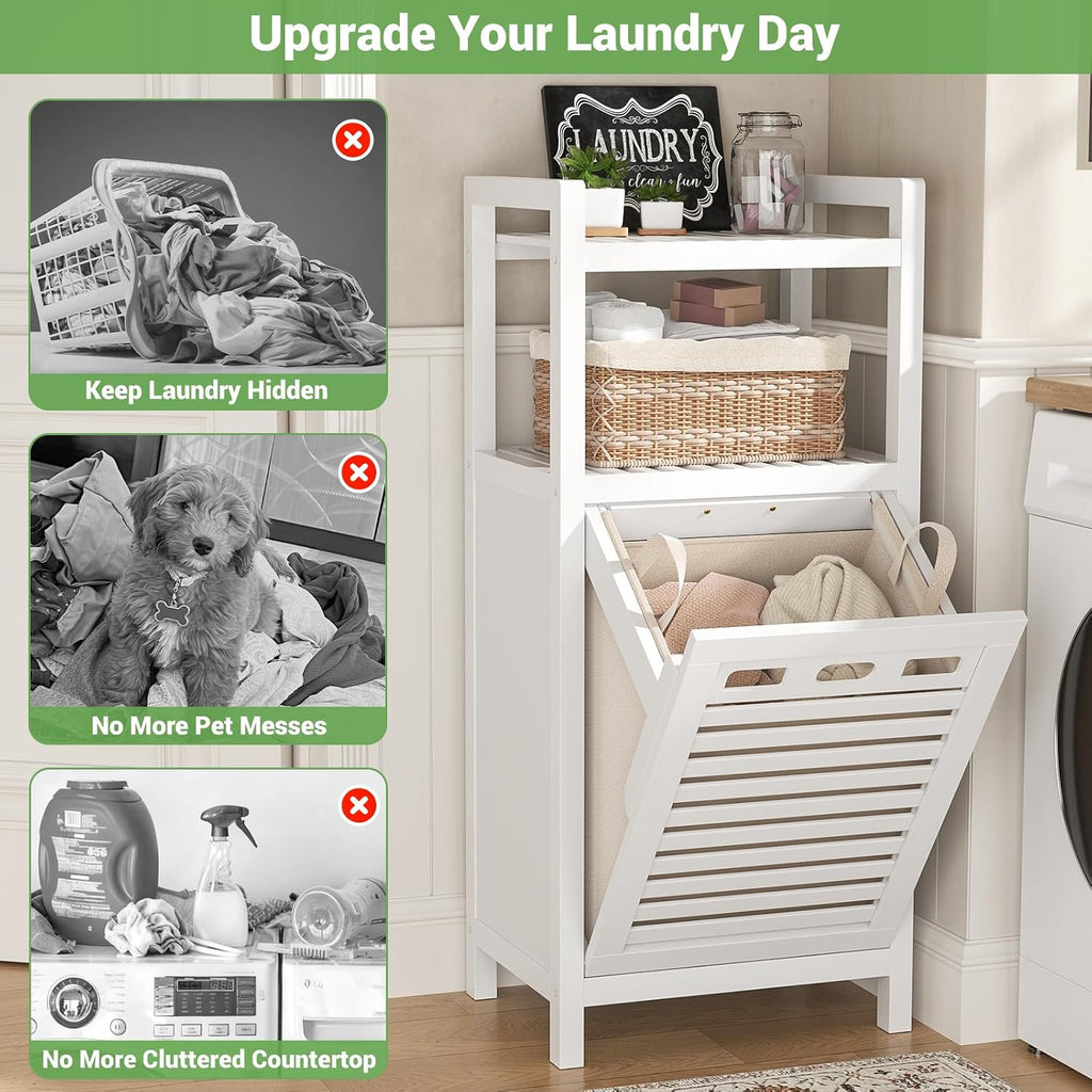 Tilt Out Laundry Hamper, 10 Gal Bamboo Laundry Storage Cabinet with Removable Basket, Hidden Hamper Organizer with