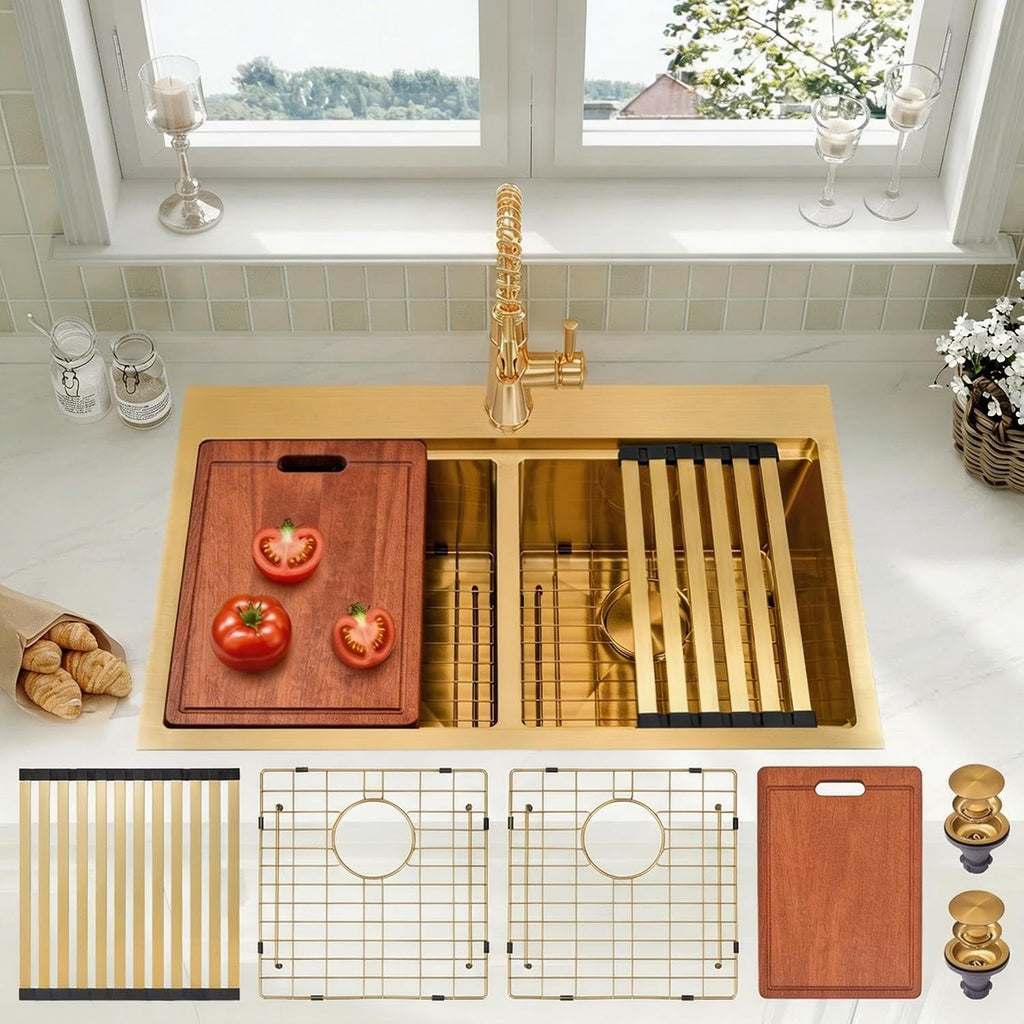 33x22 Drop Sink Double Bowl, Gold Kitchen Sink 33x22 with Smart Workstation & Built-In Accessories, Top Mount 16