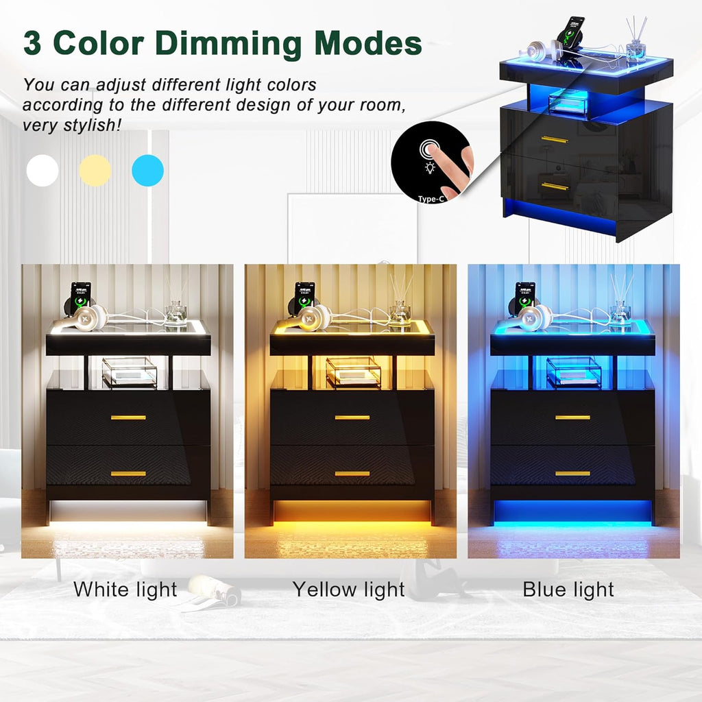 LED Nightstand with Charging Station (USB,Type-C Ports) High Gloss Bedside Table with 2 Drawers, Smart Night Stand